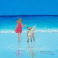 girl and dog beaside beach Child impressionism